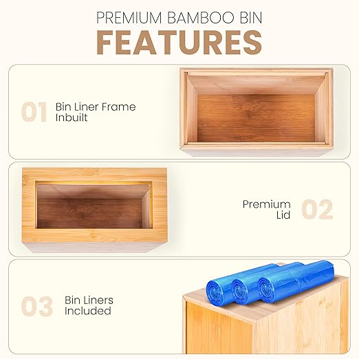 Bamboo Trash Can with Bin Liner Built-in Frame and Premium Lid - Wooden Bathroom Trash can, Bamboo Wastebasket for Bathroom, Bedroom, Living Room, Kitchen or Office