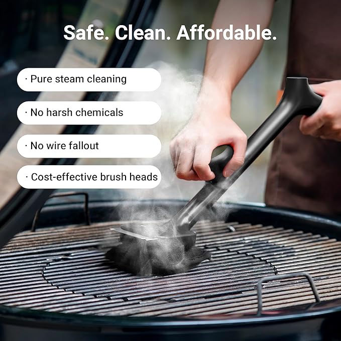 ThermoMaven Grill Brush Bristle Free with 3 Replacement Brush Heads, Steam Grill Brush with Scraper, Non Metal Bristles for Cast Iron, Stainless-Steel Grates, Safe for Non-Stick Surface, Black