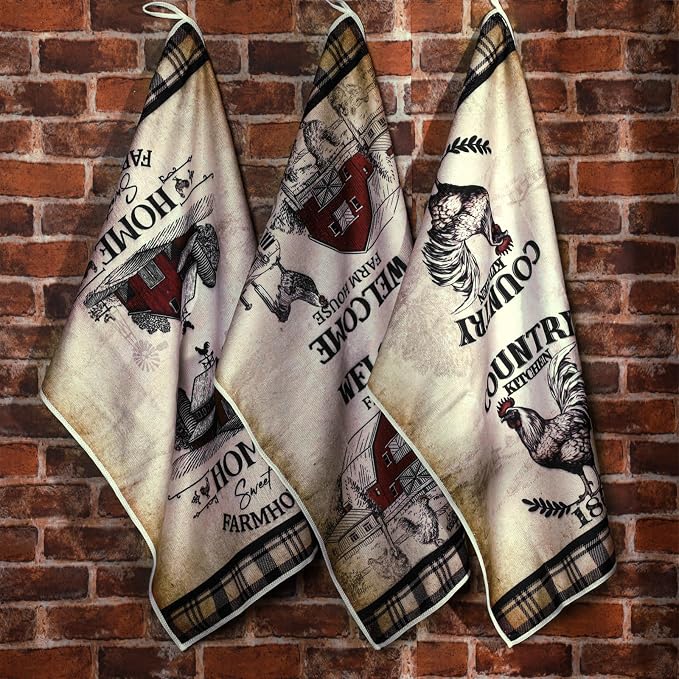 Bencailor 6 Pcs Farmhouse Kitchen Towels Chicken Rooster Kitchen Decor Farm Animal Hand Towels for Cooking Baking Housewarming Gift,15.75 x 23.62 inch(Retro Gray,Barn Farm)
