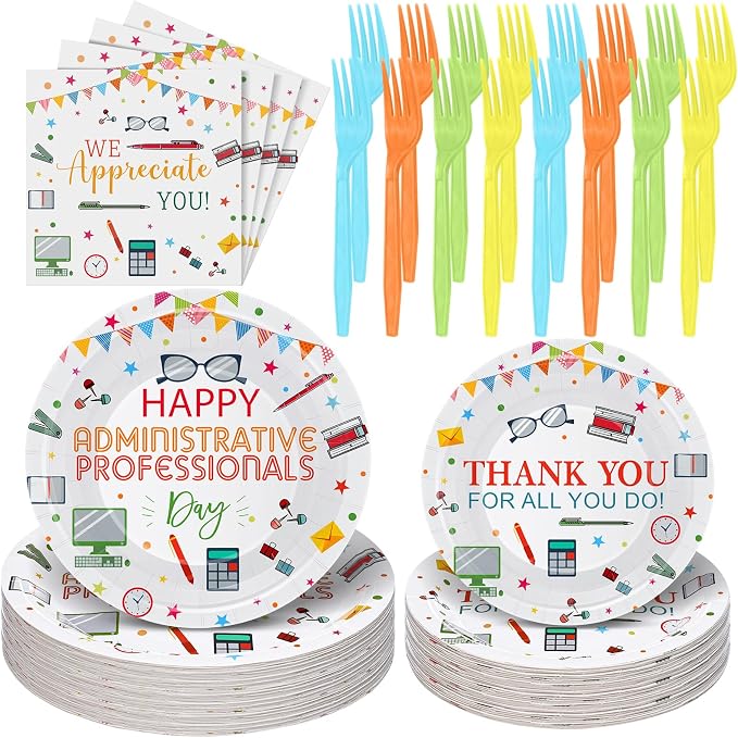 Remerry 96 Pcs Happy Administration Professionals Day Party Supplies We Appreciate You Colorful Tableware Disposable Thank You Employee Staff Paper Plates Napkins Forks for Party Decoration