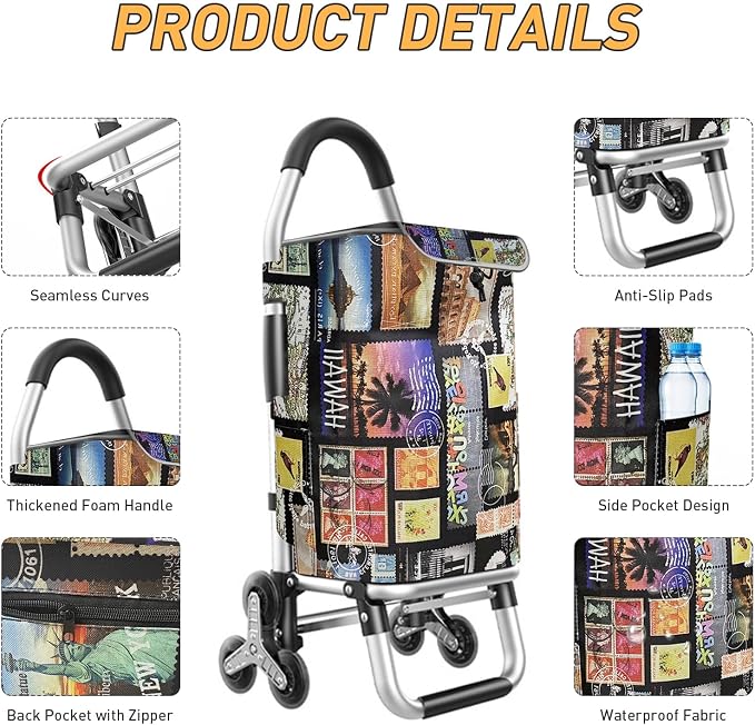 Heavy Duty 3 in 1 Shopping Cart, Foldable Hand Truck with 6 Wheels, 110 lbs Grocery Cart, Portable Utility Dolly, Waterproof Bag for Moving, Camping