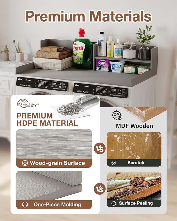 Premium HDPE Washer and Dryer countertop with Shelf 54"x27.5" | Waterproof washer dryer topper for Laundry Room Organization, Folding Clothes, Sorting & Storage