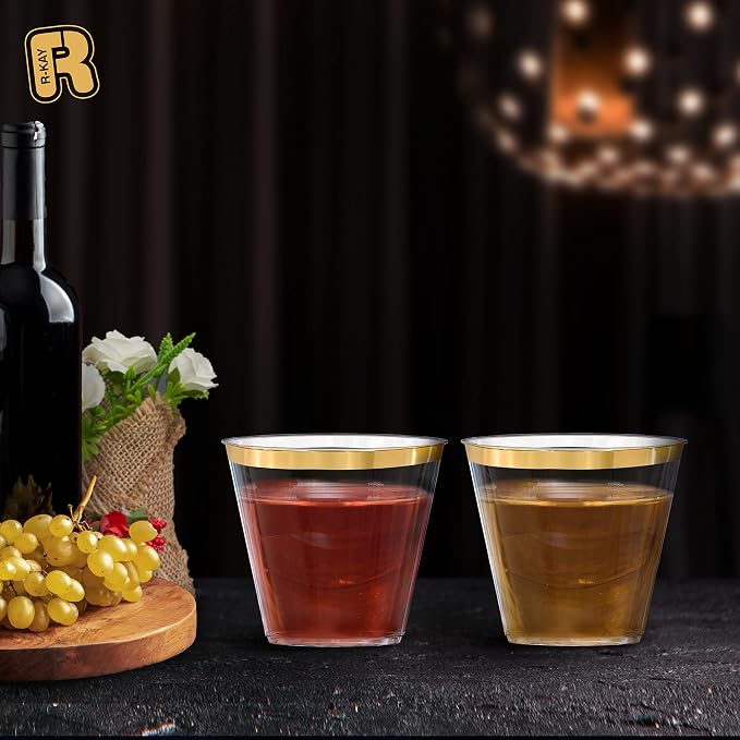 R-kay 200 Pack Gold Plastic Cups For Party - Plastic Cups 9 oz - Party Cups Disposable - Premium Heavy Duty Gold Cups - Disposable Wine Glasses For Wedding - Plastic Wine Glasses/Disposable Cups