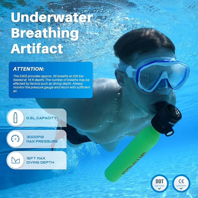 SMACO Mini Scuba Tank 0.5L Portable Small Diving Tank for Underwater Breathing Reusable Diving Cylinder Lung Air Tank for Emergency Rescue Boat Cleaning Backup Air Source Pony Bottle S300