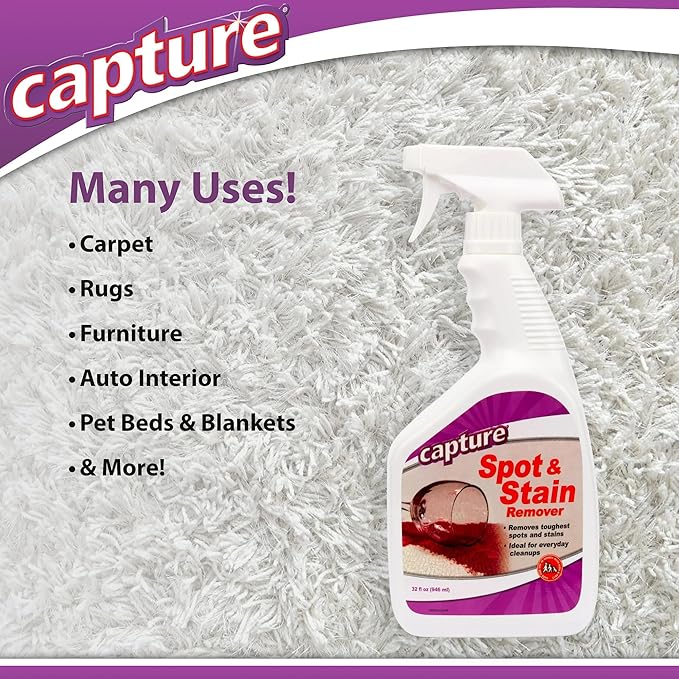 Capture Spot and Stain Remover Carpet - Dirt, Juice, Coffee, Wine, Food and Tough Rug Stains Eliminator - Couch, Sofa Cleaner and Stain Remover - Multi-Purpose Cleaning Essentials (32 oz) (2 Pack)