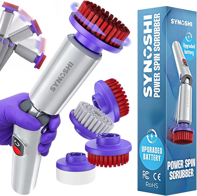 Synoshi PRO Electric Spin Scrubber & Round Brush Heads (2 Units) Set, Bathroom and Shower Cleaning, Shower, Bathtub, Kitchen Cleaning