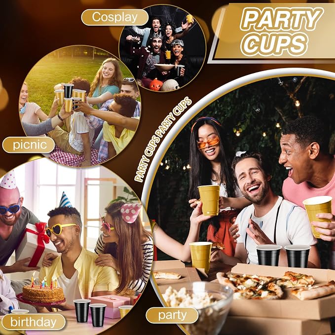 Lounsweer 100 Pcs 16 oz Disposable Party Cups Plastic Heavy Duty Drinking Water Cups for Birthday Baby Shower Wedding BBQ Picnic Party Supplies(Black, Gold)