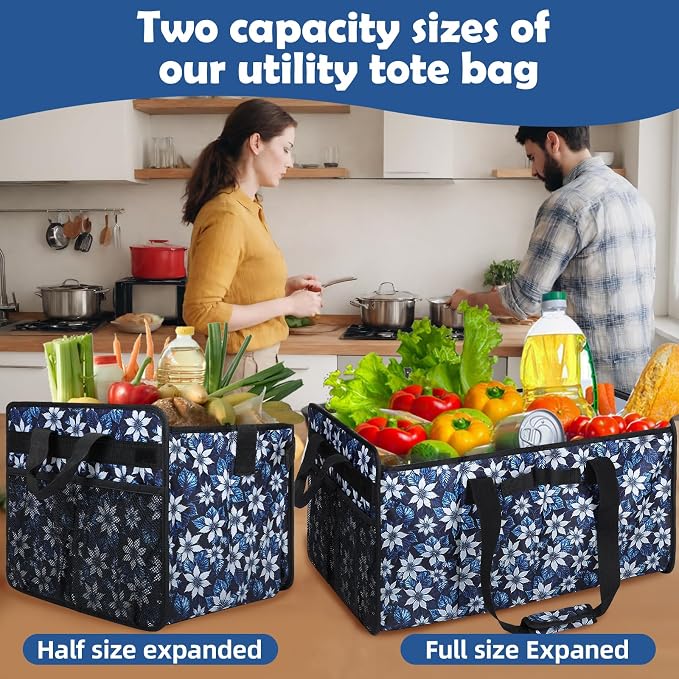 Extra Large Utility Tote Bag with Wire Frame Heavy Duty Grocery Bags Reusable Shopping Bags for Groceries with Handles Foldable XL Beach Bag for Travel Picnics Camping Car Trunk Organization
