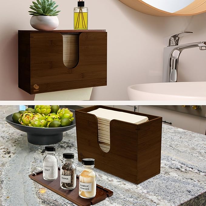 eBun Bamboo C Fold Paper Towel Dispenser – Wall Mount & Countertop Napkin Holder for Multifold, Z-Fold Styles, Modern Farmhouse Paper Towel Holder for Bathroom, Kitchen, Office & Commercial Use, Brown
