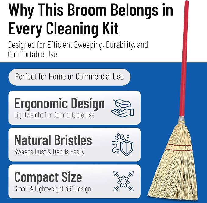Flo-Pac Compact Corn Fiber Utility Broom with Wire-Wrapped Bristles and Red Handle, 33 Inches, Red (Pack of 12)