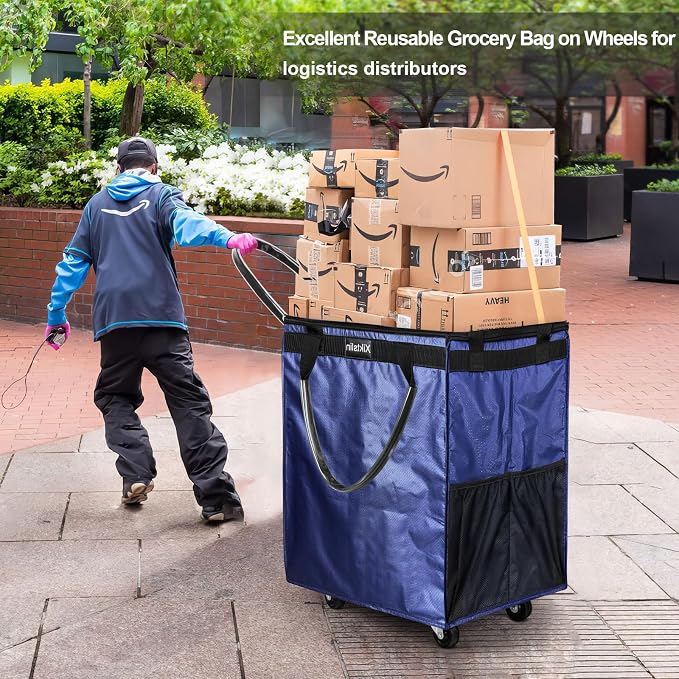 (Medium, Navy) Reusable Grocery Bag on Wheels, 70L Foldable Rolling Tote, Extra Storage for Shopping, Zipper Clouser Shopping Carts for Groceries, Laundry, Organization, Moving,4 Heavy Duty Wheels | Bag on Wheels