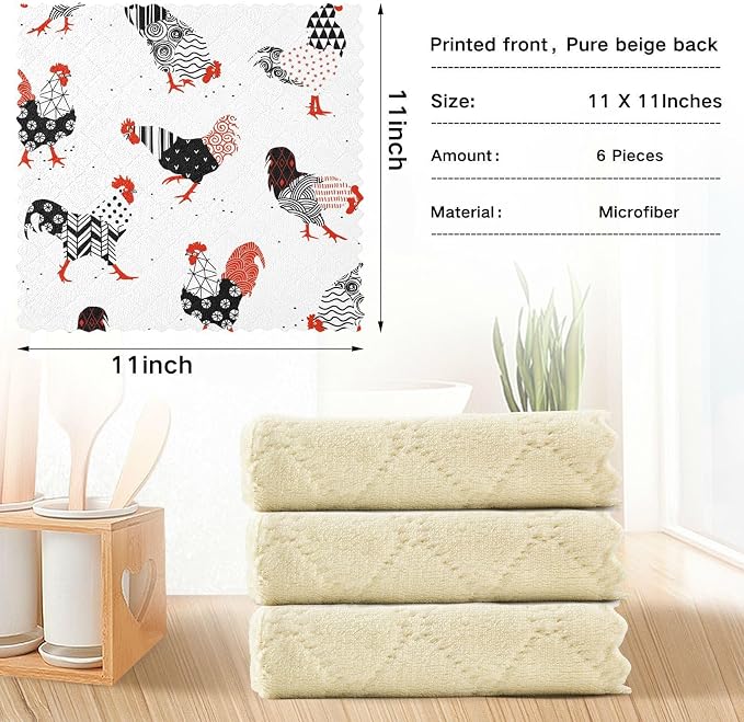 CaTaKu Chicken Funny Kitchen Dish Cloths,Microfiber Cleaning Cloths Reusable Dish Rags for Washing Dishes, Dish Towels Washcloths for Kitchen Drying,6 Pack