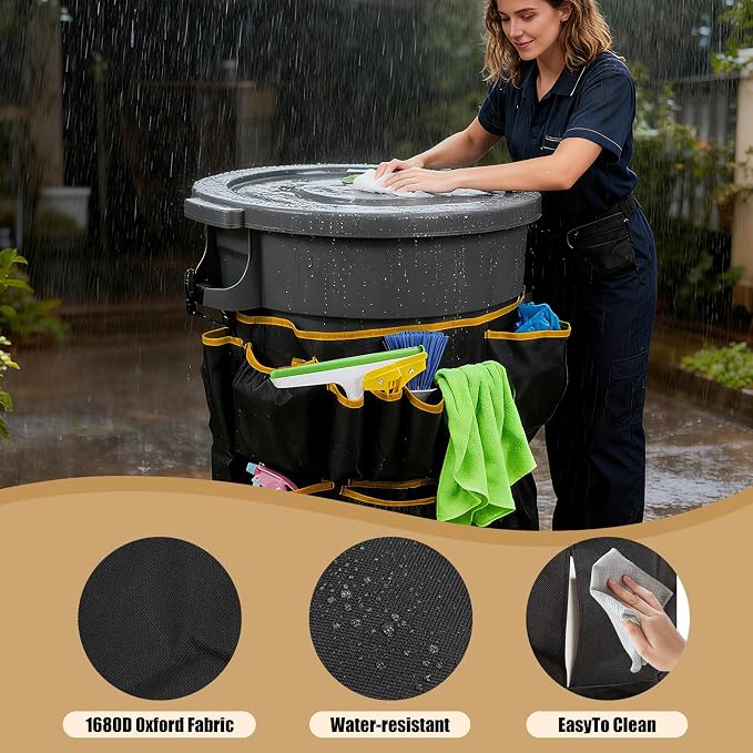Trash Can Caddy Bag, 1680D waterproof and easy-to-clean fabric, fits for 32-55 Gallon Garbage Bin with Adjustable Buckle, Multi-Pocket Garbage Bin Caddy Organizer, Orange Edge