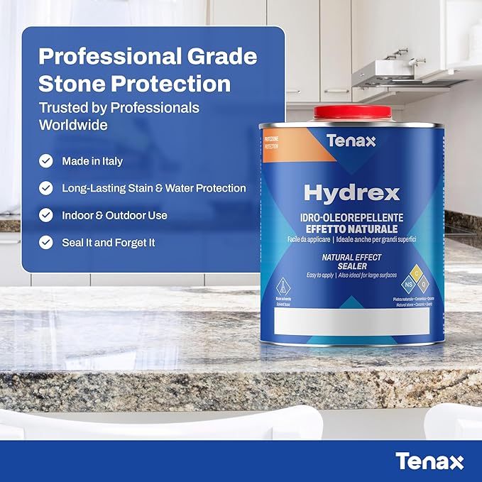 Tenax Hydrex Stone Sealer – Professional Penetrating Sealer for Granite, Marble, Natural Stone & Concrete – Stain & Water Protection for Countertops, Tile, Indoor & Outdoor Surfaces – 1 Quart