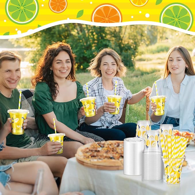 Umigy 100 Pack Plastic Disposable Cups with Lids and Straws 12 oz Disposable Cups for Juice Water Coffee Summer Party Sports Party Supplies (Lemon)