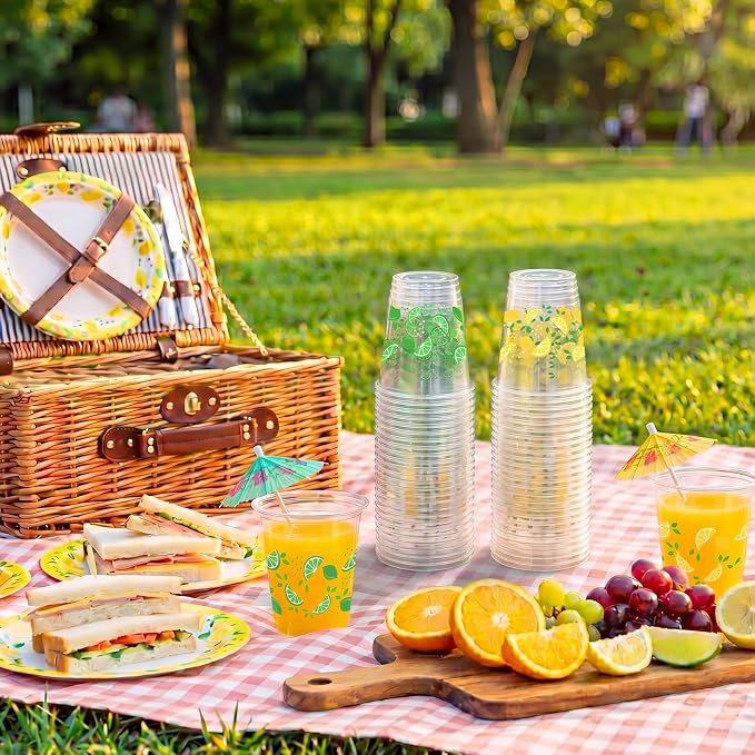 Uiifan 50 Pcs Lemon Plastic Cups 12 oz Lemonade Stand Supplies Green Yellow Lime Lemon Disposable Clear Drinking Cup Summer Hawaiian Luau Party Decoration for Birthday Wedding Bridal Baby Shower Party