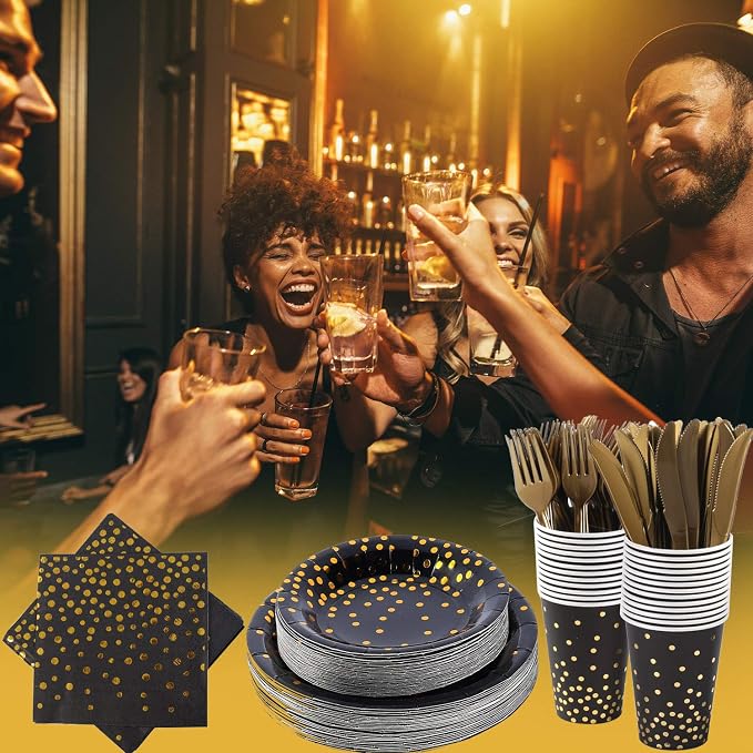 Black and Gold Party Supplies 145PCS Party Dinnerware Decoration Paper Plates, Napkins, Knives, Forks, Cups, Banner, for 2026 New Year Eve, Birthday, Celebrations, Serves 24