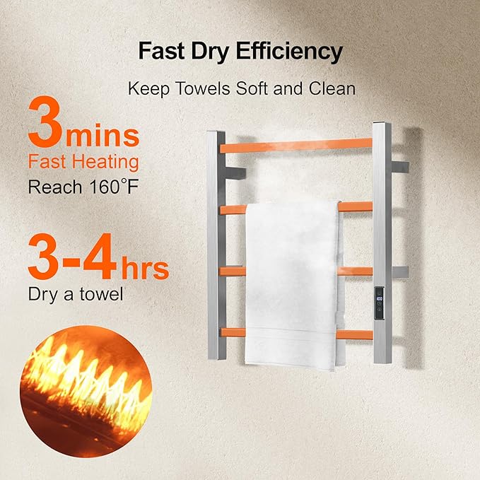 Electric Towel Rack Wall-Mounted Bathroom Heating Towel Warmer,Plug-in,Stainless Steel Material (Square Brushed with Timer, 4 Bar)
