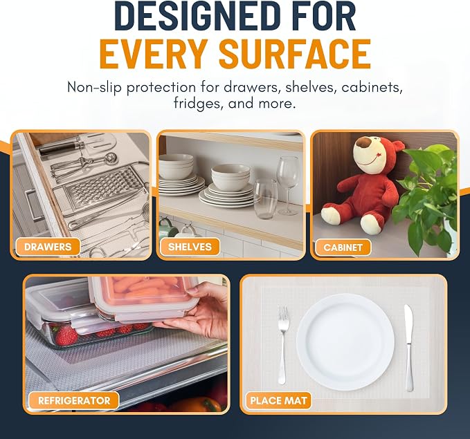Refrigerator Liners for Shelves (12 Pack) by Linda’s Essentials - Non-Adhesive Shelf or Drawer Liner, BPA-Free Fridge Mats for Kitchen & Cabinets, Easy to Clean, Ideal Household Essentials (Clear)