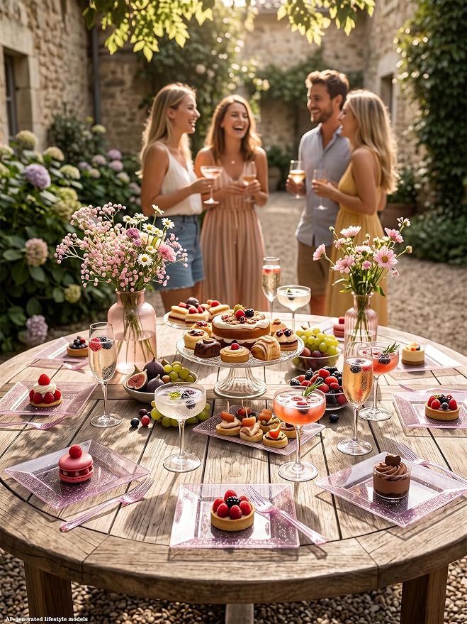 DaYammi 200 Pcs Pink Dessert Plates Including 100Pcs Appetizer plates 6'',100Pcs Plastic Forks 5.7'',Rose Glitter Plastic Square Plate for Wedding,Pink Cake plates and forks for Party Bridal Shower