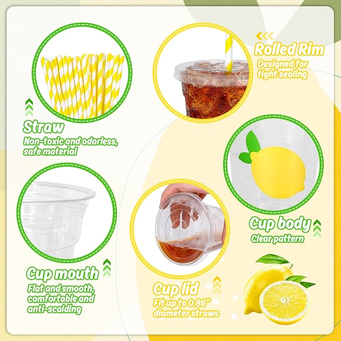 Whaline 50Pcs 16Oz Lemon Disposable Plastic Cups with Lids and Straws Summer Citrus Fruit Cold Beverage Drinking Cups for Birthday Baby Shower Party Supplies