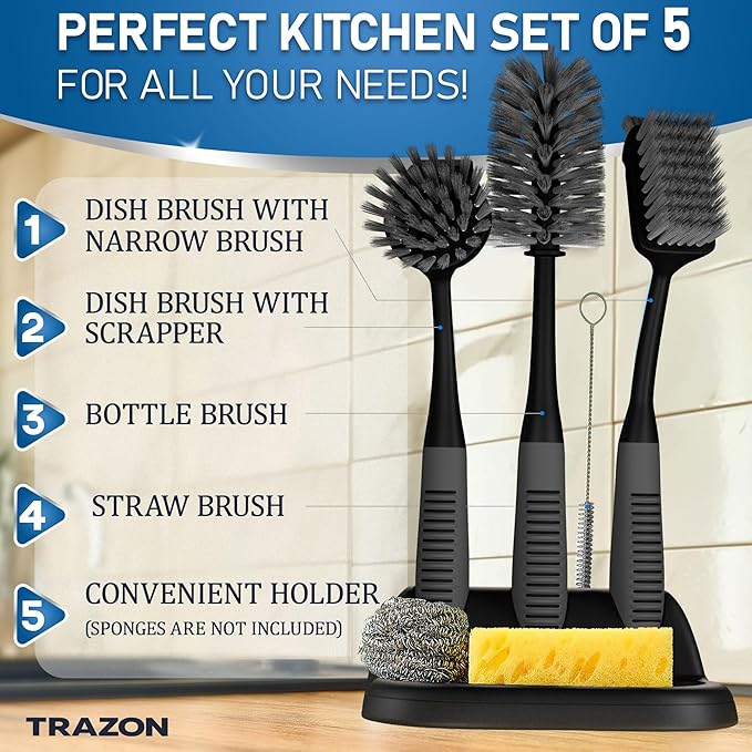 Dish Brush Set of 5 with Convenient Holder, Bottle Water Brush, Dish Scrub Brush, Scrubber Brush and Straw Brush+ Scrub Brush Set of 3pcs- Cleaning Shower Scrubber, Grout Cleaner Brush, Scrub Brushes