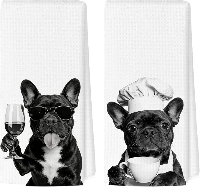 Funny French Bulldog Kitchen Towels Set of 2, Dog Kitchen Bar Accessories, Dog Chef Gifts for Women Decorative Hand Towels for Kitchen Decor, French Bulldog Lovers Dish Tea Towel, 16x24 Inch