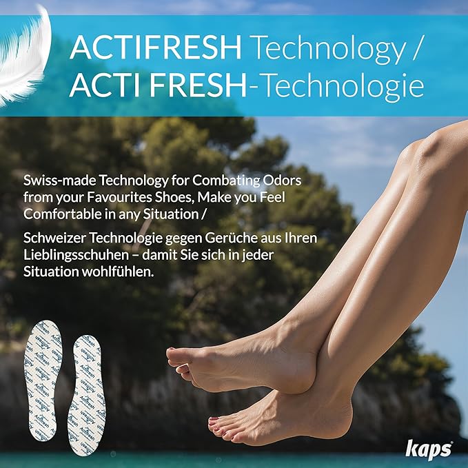 6 Pairs Kaps Actifresh Shoe Insoles Inserts, Odor Control Freshness Technology Developed in Switzerland by Sanitized, Triple Layer, Cushioning Soft Latex, Cut to Fit, Universal Size Unisex