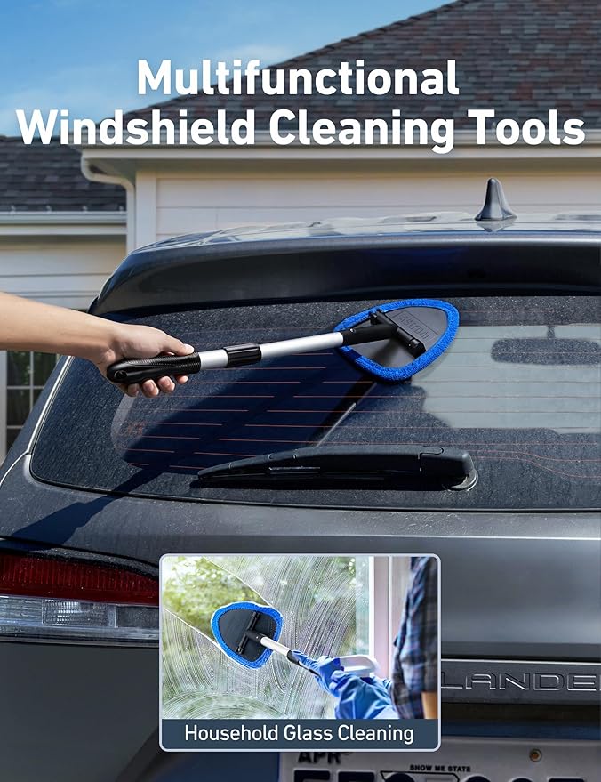 AstroAI Windshield Cleaner Tool, Car Interior Detailing Cleaning Kit with Extendable Handle and 4 Upgraded High-Density Reusable Microfiber Pads, Auto Glass Wiper Brush Kit for Cars, Blue, 15.9in-21in