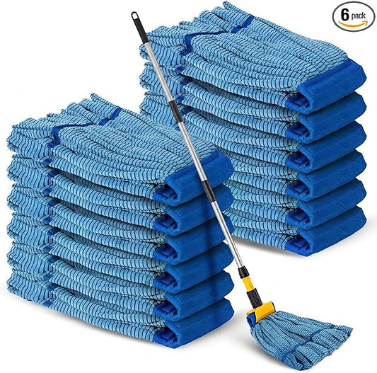 Hushee 6 Pack Large Microfiber Tube Mop Heads 18 oz Heavy Duty Commercial Industrial Wet Mop Head Refill Reusable Machine Washable Looped End Mopheads for Hardwood, Tile, Laminate Floors (Blue)