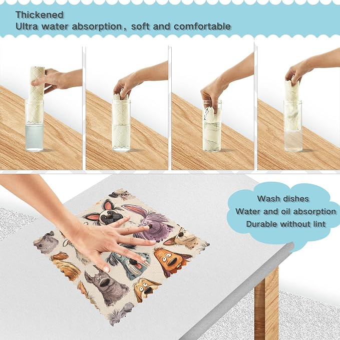 Beige Cartoon Pet Dogs Kitchen Towels Dish Cloths Set of 6 Microfiber Cleaning Cloths for Cars Super Absorbent Machine