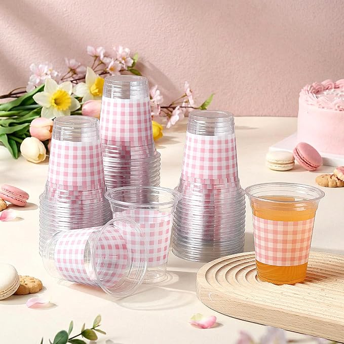 Qinyoung Checkered Plastic Cups 12oz Gingham Party Disposable Cups Bulk Drinking Cup for Cold Drinks Baby Shower Wedding Summer Birthday Party Supplies(Pink and White,50 Pcs)