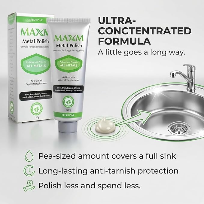 maxm Metal Polish Paste for Stainless Steel Polish, Chrome Polish & Aluminum Polish – Rust Remover for Metal, Stainless Steel Scratch Remover, Polishing Compound Non-Toxic, Fresh Pine Scent, 4.2 oz
