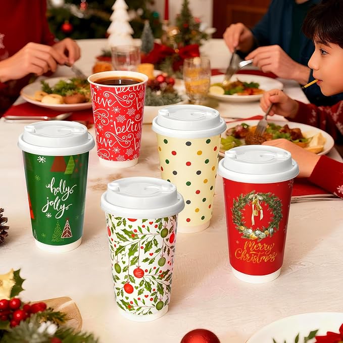 Nihuecne 50 Pack 16 oz Christmas Disposable Coffee Cups with Snap-on Lids - for Hot or Cold Drinks, Paper Coffee Cups for Xmas Holiday Table Decorations Party Supplies, 5 Assorted Christmas Styles