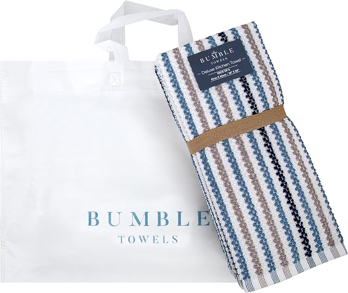 Premium Kitchen Towels (16”x 26”, 12 Pack) | Large Cotton Kitchen Hand Towels | Popcorn Striped Design | Dish Towels | 430 GSM Highly Absorbent Tea Towels Set with Hanging Loop | Blue