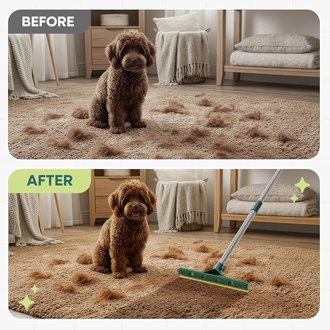 Carpet Rake for Pet Hair Removal Tool with Copper Teeths, 60” Long Handle – 3 in 1 Heavy-Duty Pet Hair Remover Kit for Dog Cat Carpets, Rugs & Mats, Cat Dog Fur Rakes Scraper with self-Cleaning Brush