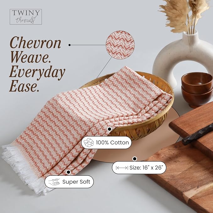 TWINY threads Kitchen Dish Towel Chevron Weave, Premium Large 100% Cotton Kitchen Linen Set, Dish Rags and Wash Rags, Absorbent Quick Drying, Washable Reusable, Pack of 12, 16 x 26 Inch, Rust