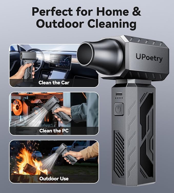 130,000 RPM Electric Air Duster & PC Cleaning Kit, Stepless Speed Adjustable Compressed Air Blower, Rechargeable Cordless Mini Turbo Fan for Keyboard, Car Detailing & Camping, Grey
