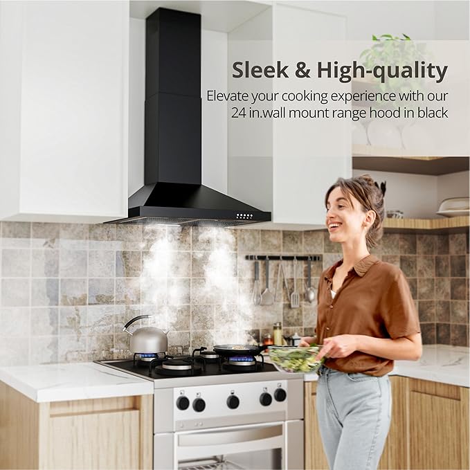FIREGAS Range Hood 24 inch Wall Mount Type with Ducted/Ductless Convertible,450 CFM Stainless Steel Chimney-Style Kitchen Hood, Over Stove Vent Hood with 3 Speed Fan,Charcoal Filters,Black
