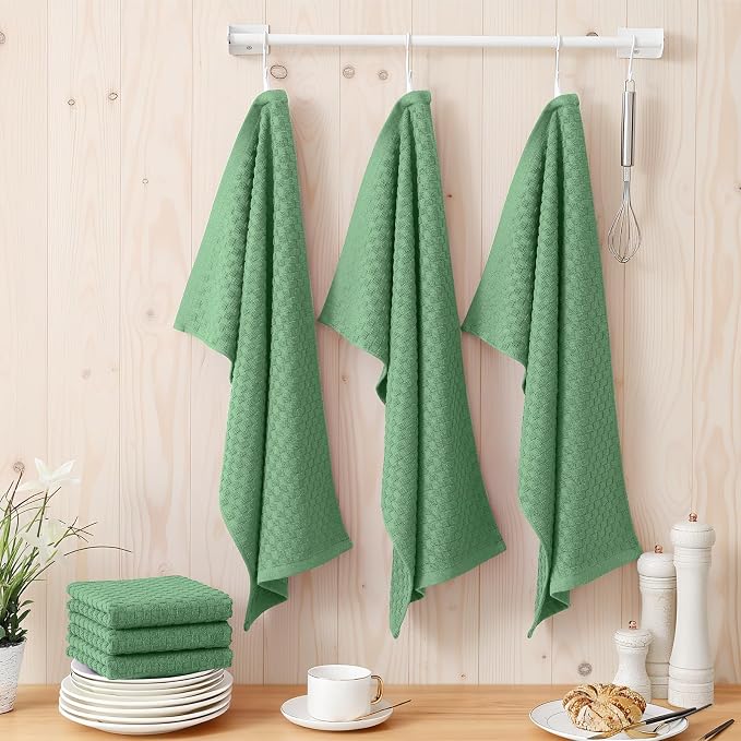 Homaxy 100% Cotton Terry Kitchen Towels(15" x 25", 4 Pack), Soft and Super Absorbent Dish Towels, 380 GSM Reusable Tea Towel with Hanging Loop, Pineapple Grid Designed, Grass Green