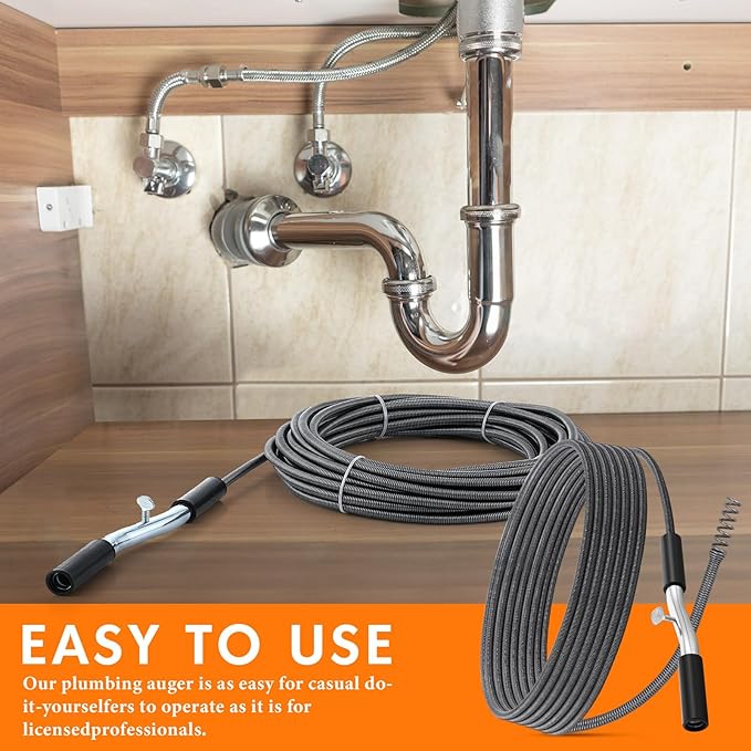 Threlaco 50 ft Drain Auger Plumbing Snake for Heavy Deep Blockages 3/8" Diameter Flexible Plumbing Cables Drain Snake for Kitchen Bathroom Shower Sink Cleaning Drainage Clogs