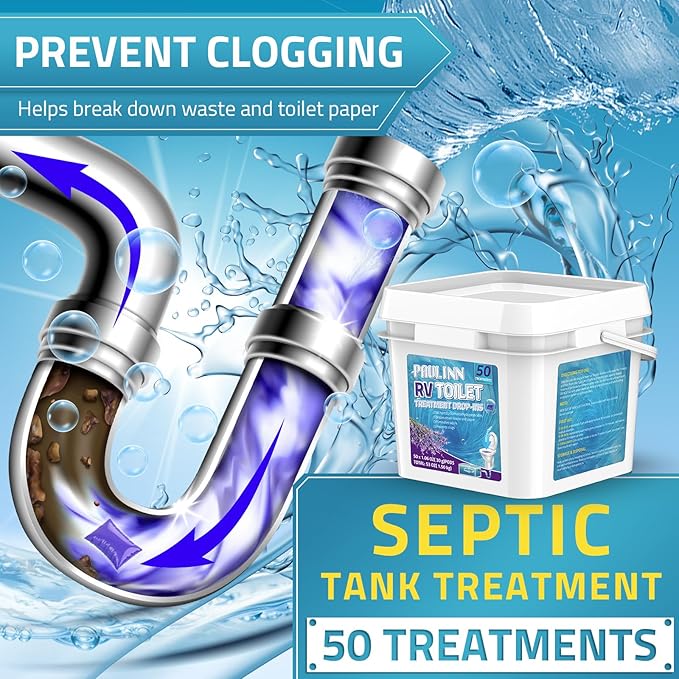 PAULINN RV Toilet Treatment Drop Ins, 50 Packs Septic Tank Treatment Pods Holding Tank Deodorizer for RV Black & Grey Water Tank Camper Marine Boat Camping, Lavender