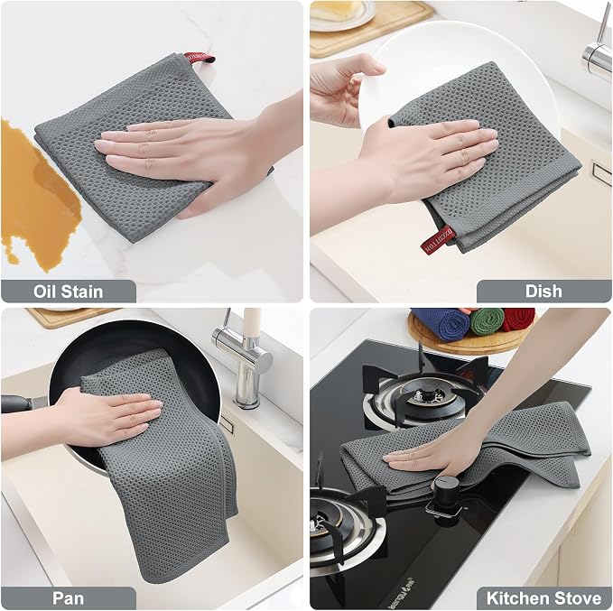 Homaxy 100% Cotton Kitchen Towels and Dishcloths Set, 12 x 12 Inches and 13 x 28 Inches, Set of 12 Bulk Kitchen Towels Set, Ultra Soft Absorbent Dish Cloths for Washing Dishes, Grey/Beige/Blue/Brown