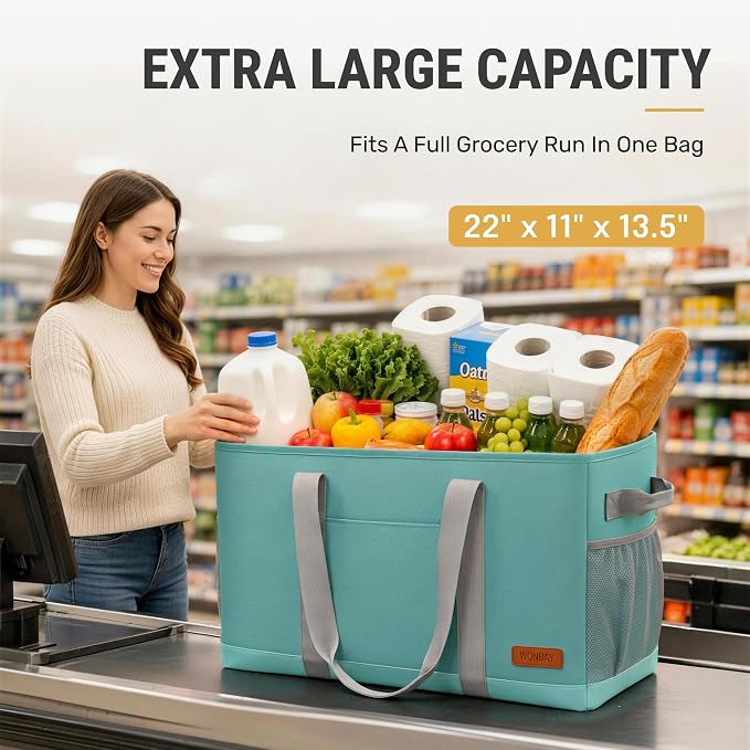 WONDAY Extra Large Utility Tote Bag - Standing Reusable Grocery Bag with Handle, Collapsible Storage for Shopping, Beach