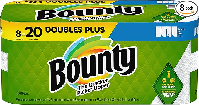 Bounty Select-A-Size Paper Towels, 8 Double Plus Rolls White, 113 Sheets Per Roll