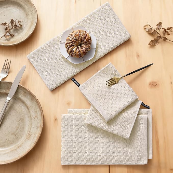 Homaxy 100% Cotton Kitchen Towels and Dishcloths Set, 12 x 12 & 15 x 25 Inches, Set of 12 Bulk Terry Cloth Dish Towels, Super Soft and Absorbent Hand Towel with Hanging Loop, Beige