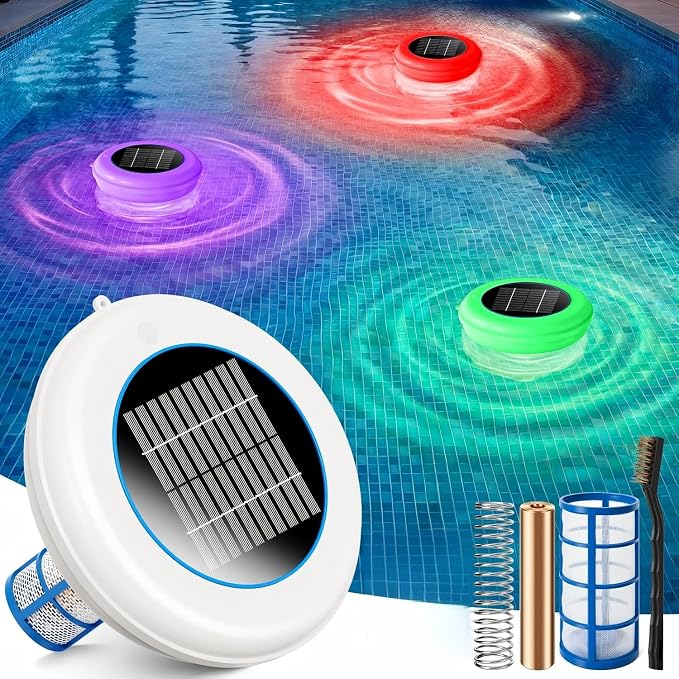 Solar Pool Ionizer, Upgraded Larger Solar Panel Copper Pool Ionizer Floater Auto Switching of Multi-Colored LED Night Light, Ionizador Solar for Above Ground, Inground Pool, Up to 45,000 Gal
