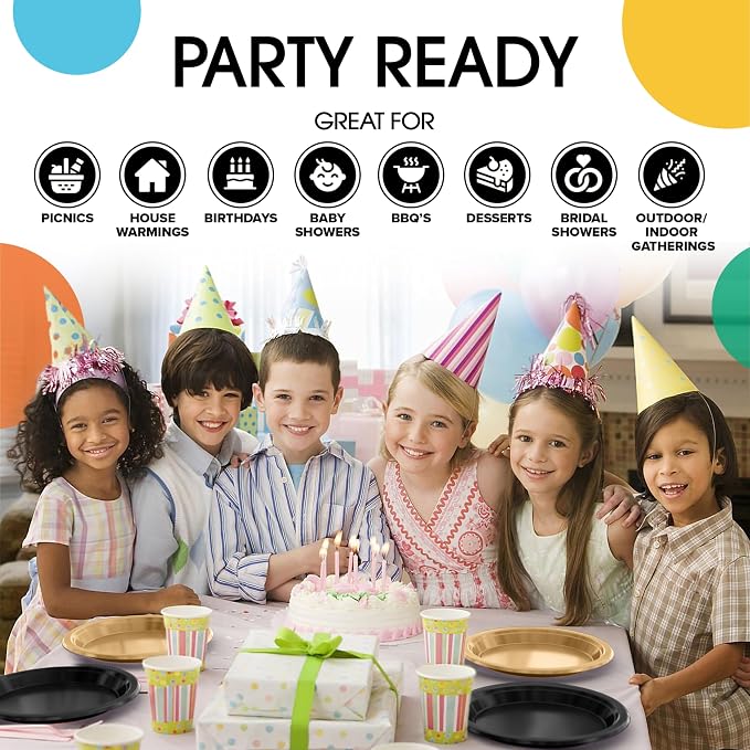 Party Solids Black & Gold Plates Disposable Black & Gold Plastic Plates 100 Pieces - 50-7" & 50-9" Heavy Duty 350 GSM Disposable Dinnerware Sets, Plastic Dinnerware Sets
