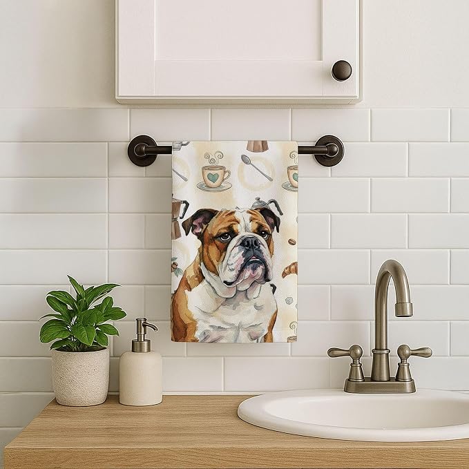 Caroline's Treasures Brindle and White English Bulldog Coffee Bar Kitchen Towel Velour Plush Front and Cotton Loop Back Machine Washable