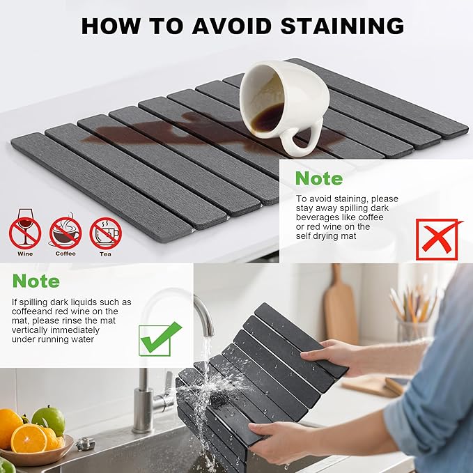 Stone Drying Mat for Kitchen Counter, Quick Diatomaceous Earth Mats for Dishes, 23.6"L x 15.7" W Super Absorbent Fast-Drying Collapsible Countertop Stone Mat (Dark Grey, 24" x 16")